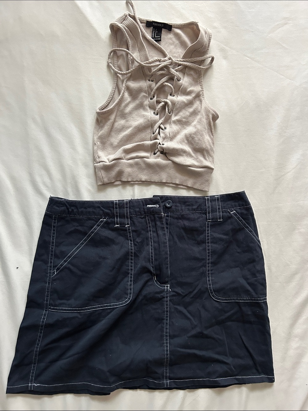 Forever 21 Cream Lace-Up Ribbed Crop Top and Navy Mini Skirt Set
